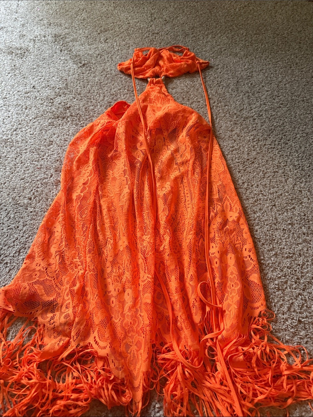 Bright Orange Lace Fringe Halter Dress